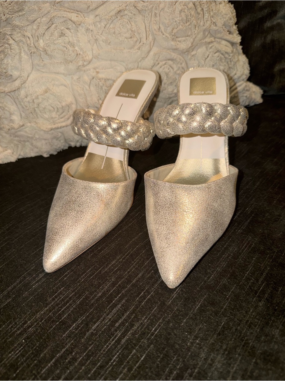 Dolce Vita Metallic Silver Braided-Strap Pointed Mules